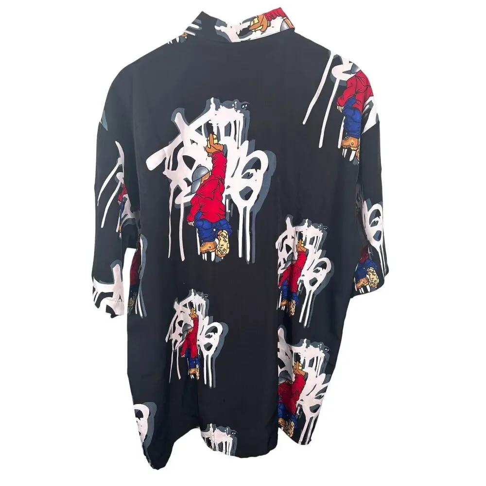 Up Ro's Button Down‎ Shirt Mens Large Black Graffiti Character Streetwear Top